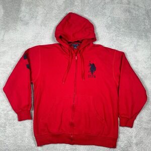 US Polo Assn Hoodie Mens L Large Red Full Zip Sweatshirt Fleece Drawstring